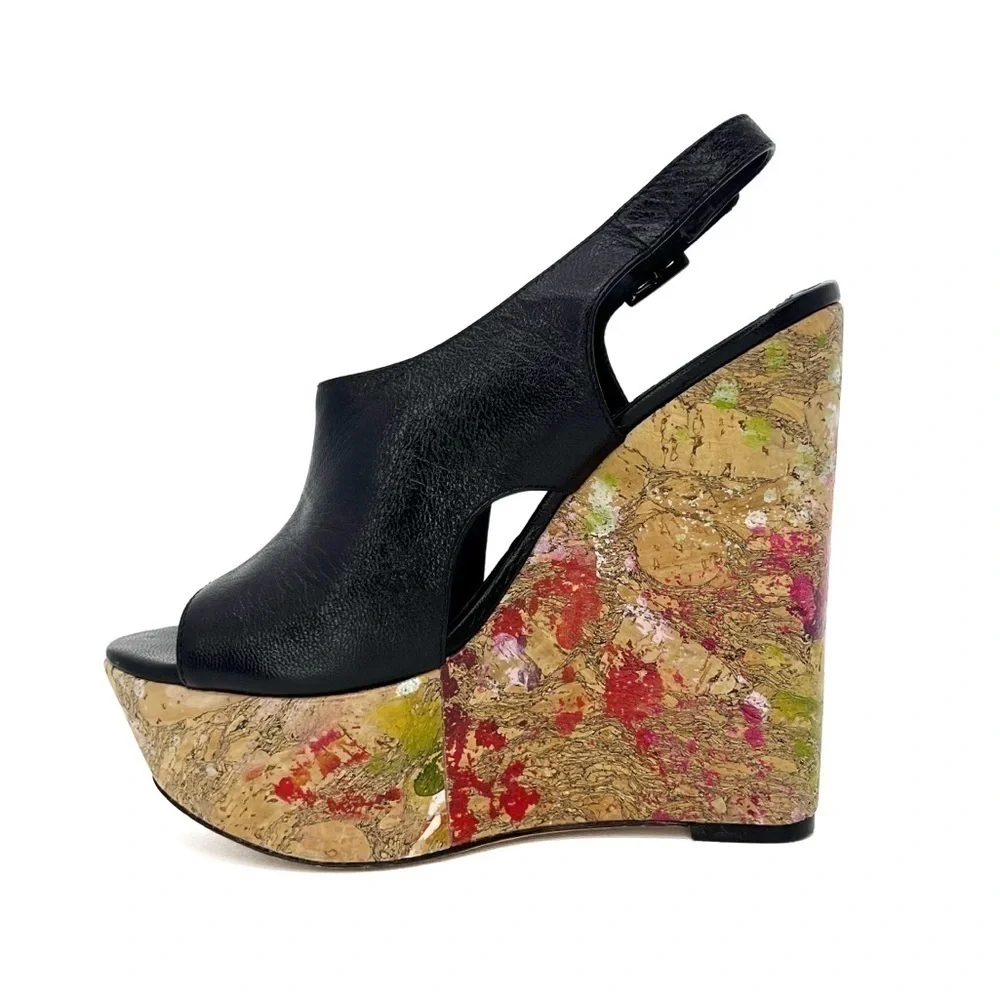 Alice + Olivia Sonia Platform Wedge Heels Black Leather Euro Size 37 = US 7 EUC